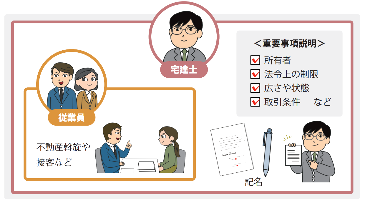 不動産取引における宅建士の役割を示す図。通常の従業員は物件紹介や接客対応を行うのに対し、宅建士は重要事項説明書への記名と入居希望者への重要事項説明（物件の所有者、法令上の制限、広さ、状態、取引条件等の説明）を行う独占業務を担当する。