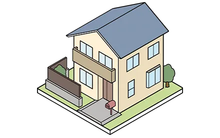 青い屋根とベージュの外壁を持つ一戸建ての外観