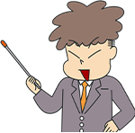 スーツ姿で案内棒を持ち説明中の博士助手の男性