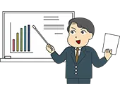 スーツを着た男性スタッフが、ホワイトボードに書かれたグラフを指し示しながらプレゼンをしている