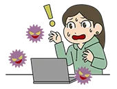 パソコンがウイルス感染してしまい、パソコンに向かいながら慌てている女性