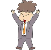 両手を上げ、ばんざいのポーズをとる男性スタッフ