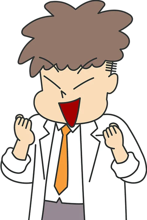 笑顔でガッツポーズをしている男性助手