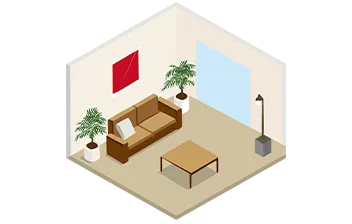 茶色のソファとテーブル、白い鉢に植えられた観葉植物がふたつ、グレーのライトの置かれたフローリングの部屋のイラスト