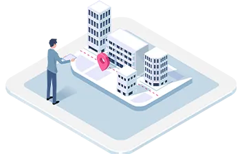 バインダーをもった男性が街の立体図をいているイラスト