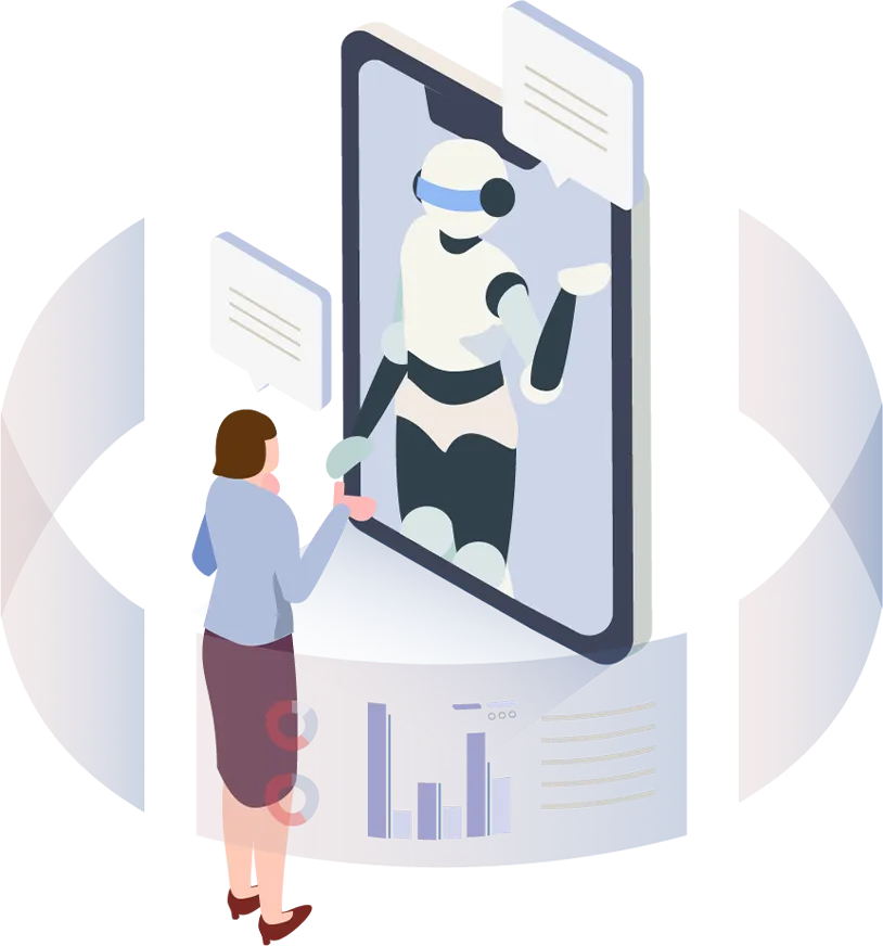 女性スタッフが画面上のロボットと会話をしているイラスト