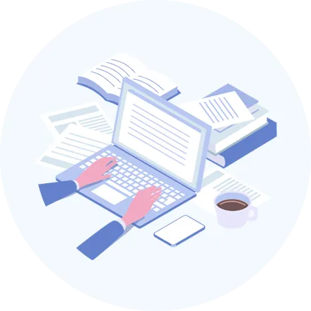 デスクでノートパソコンのキーボードを打っているイラスト