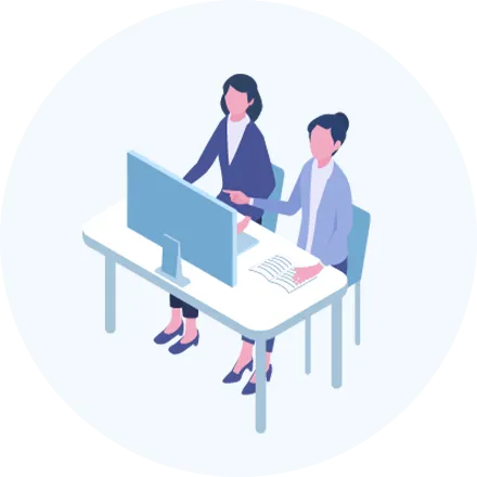 モニターの前で女性スタッフ二人がメモを片手に画面を指さしながら話しているイラスト