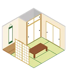 床が畳みで、障子、ふすま、掛け軸のある和室のイラスト