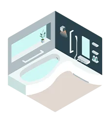 片面の壁が紺色の浴室のイラスト