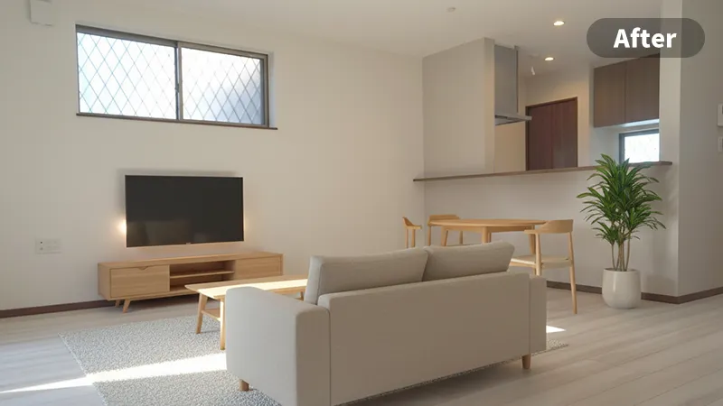 リビングのステージングアフター画像　手前に木製の丸テーブルと四客の椅子、奥にベージュのソファと木製のローチェスト、壁掛けのモニター、白い鉢の大きな観葉植物が置かれている