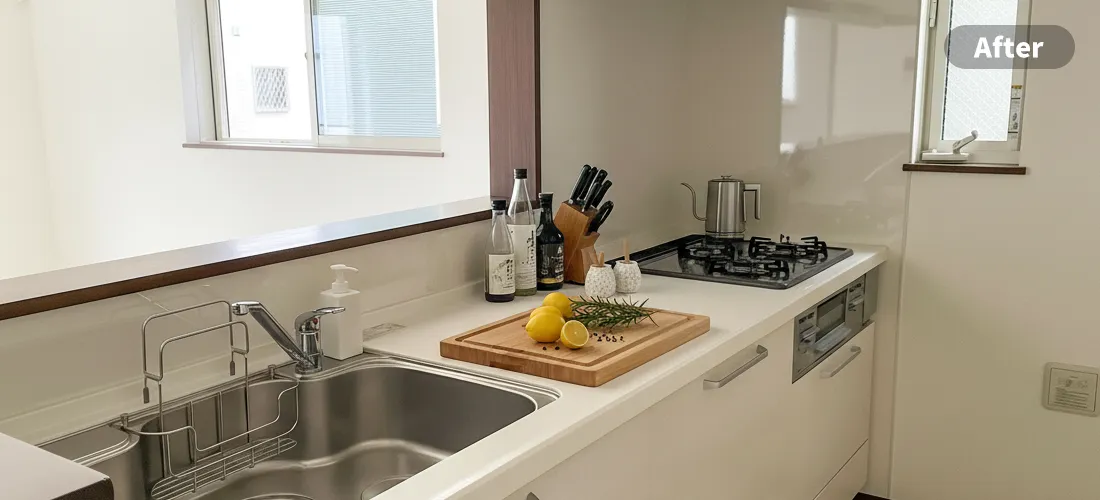 キッチンのステージングアフター画像　システムキッチンのコンロとシンクの間のスペースにレモンとハーブの乗った木製のまな板、その奥には数種類の瓶の調無料が置かれている。