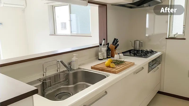 キッチンのステージングアフター画像　システムキッチンのコンロとシンクの間のスペースにレモンとハーブの乗った木製のまな板、その奥には数種類の瓶の調無料が置かれている。