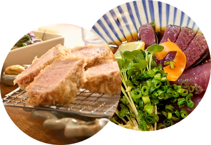 カツオのたたき、厚みがすごい豚カツ